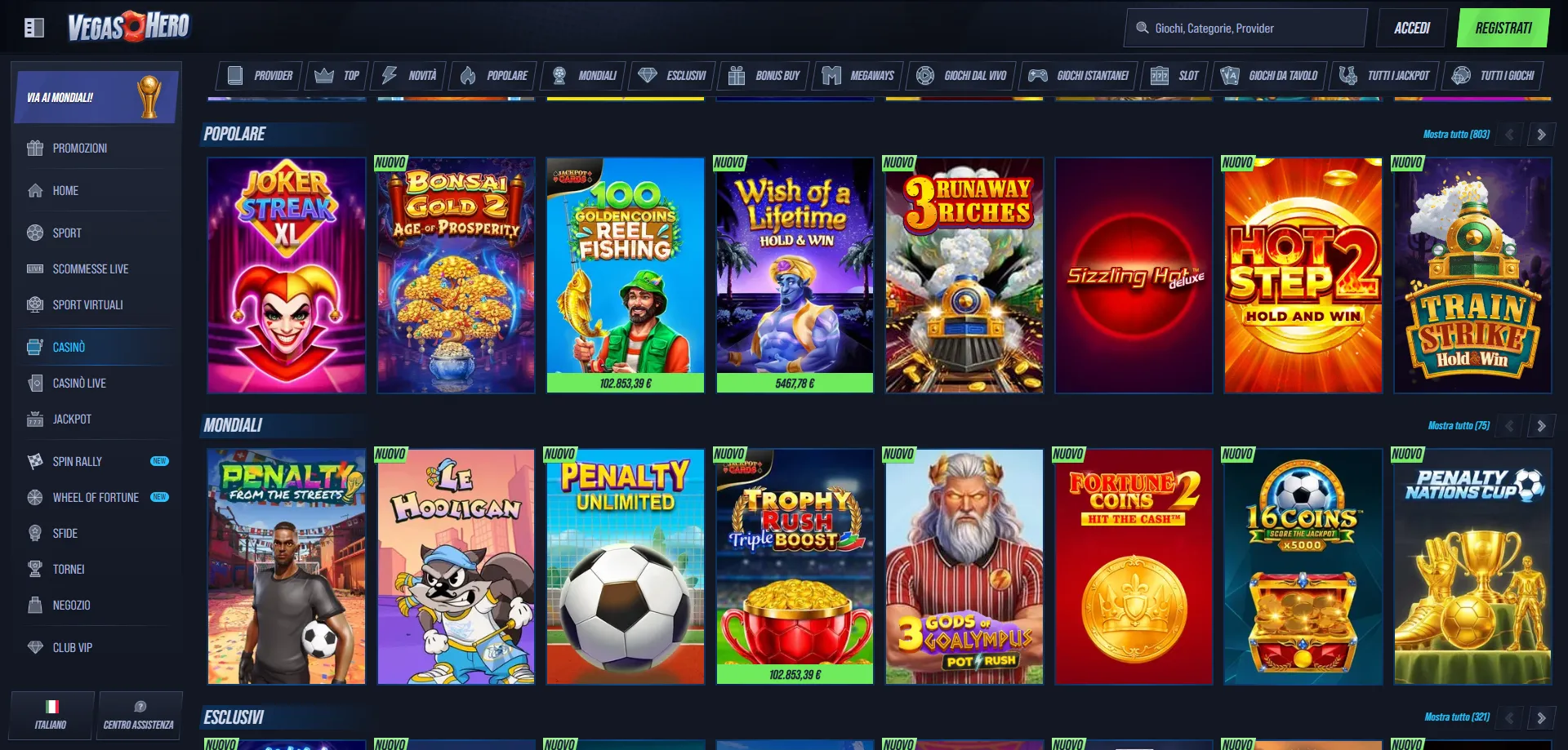Vasta libreria di giochi slot VegasHero Casino &mdash; titoli Pragmatic Play ed Evolution