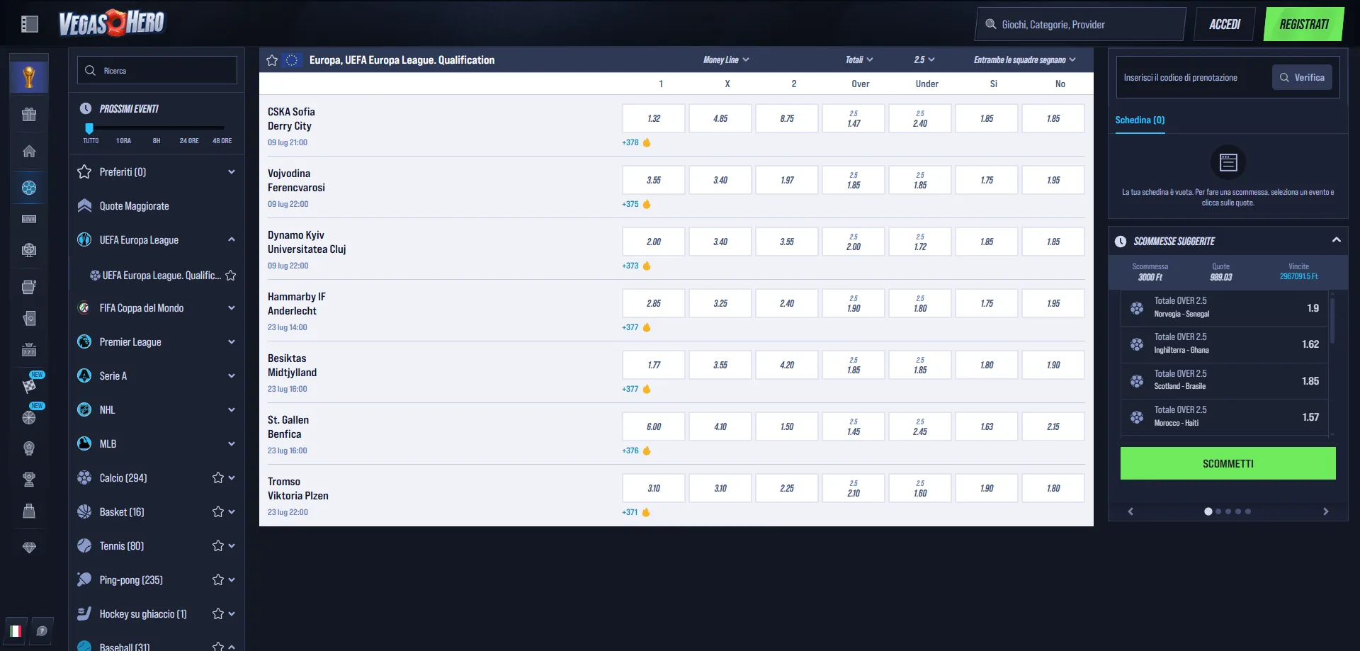 Scommesse sportive VegasHero Casino &mdash; calcio basket e sport in tempo reale